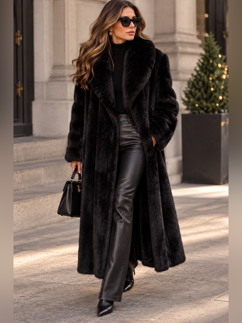 Monterey Fashions Black Faux Fur Long Glam Coat